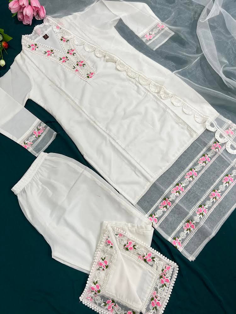 White Salwar Suit In Maska Cotton Silk With Embroidery Work