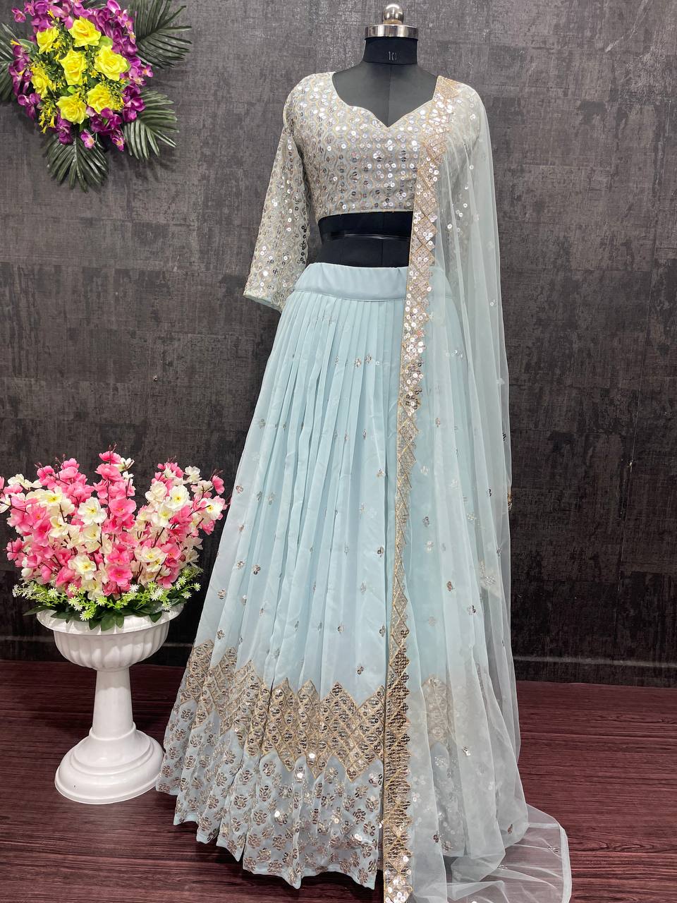 Sky Blue Lehenga Choli In Georgette Silk With 9 MM Sequence Work