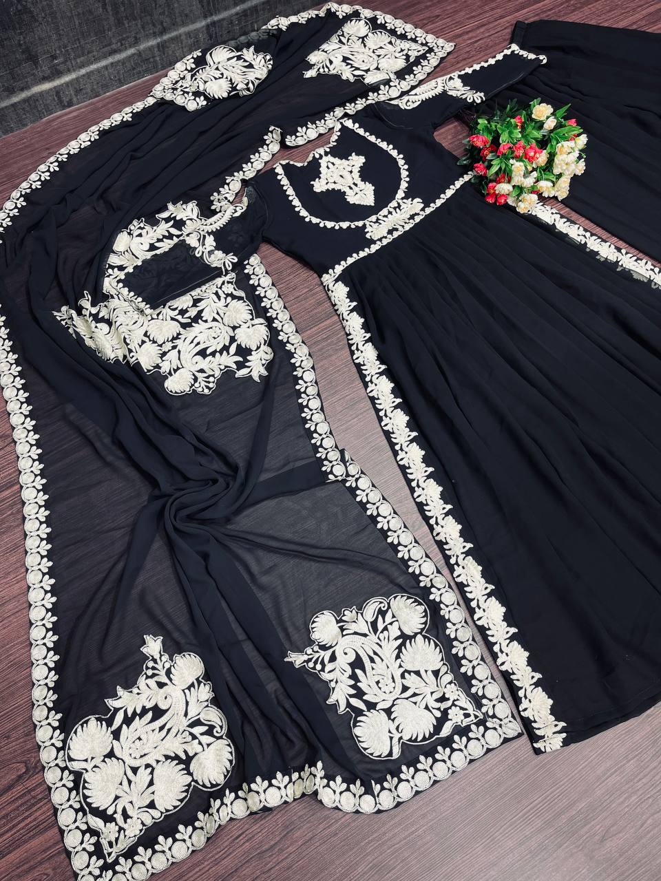 Black Palazzo Suit In Georgette Silk With Chain Stitch Work