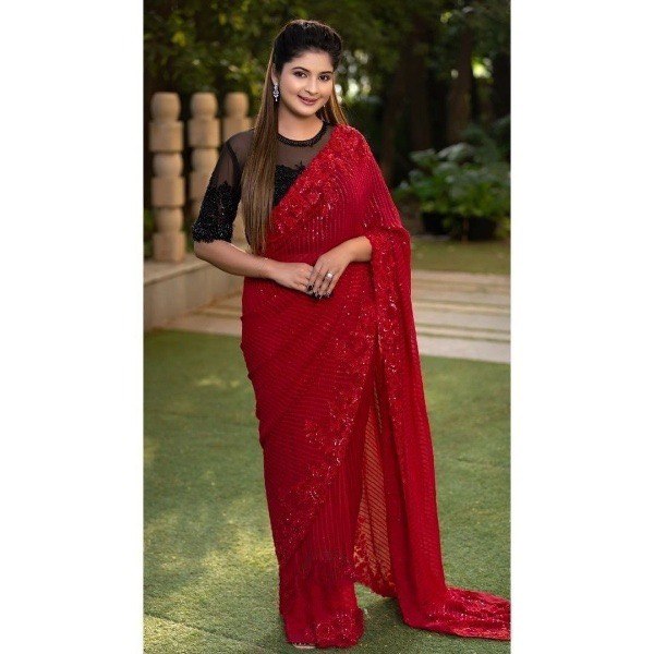 Red Saree In Fox Georgette With Tone to Tone Sequence Work
