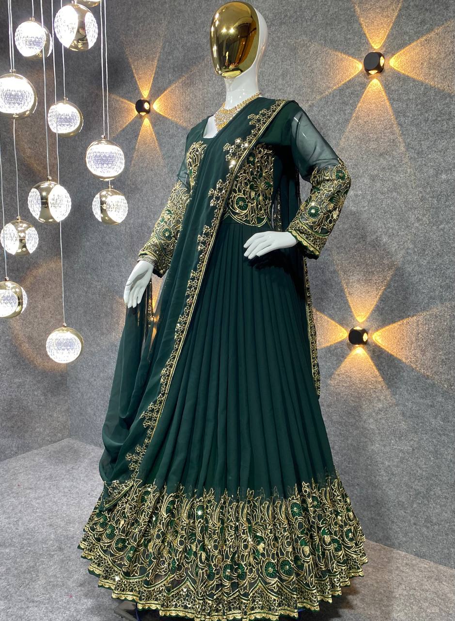 Bottle Green Anarkali Suit In Fox Georgette With 3 MM Sequence Work