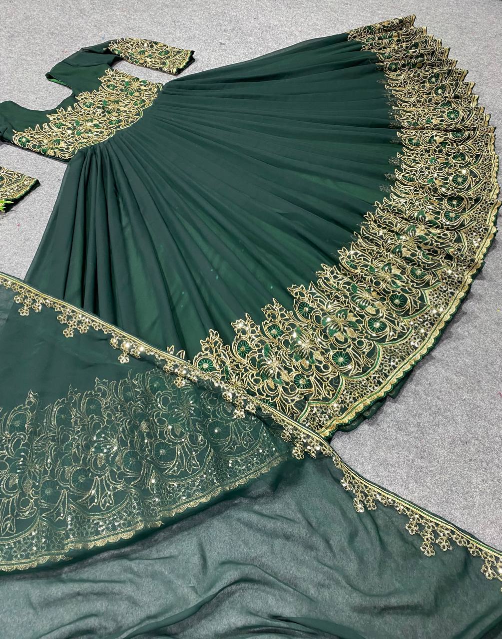 Bottle Green Anarkali Suit In Fox Georgette With 3 MM Sequence Work