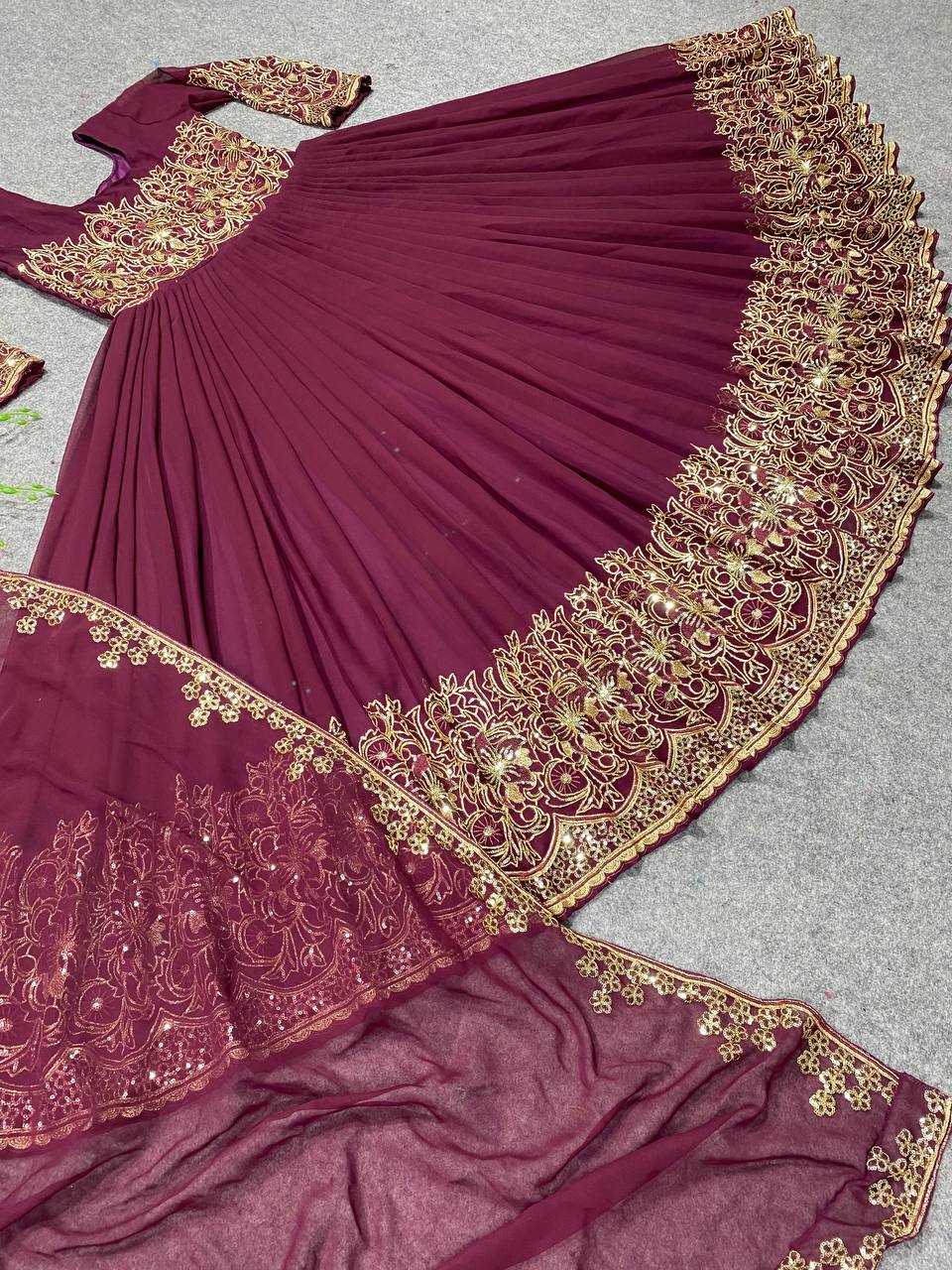 Wine Anarkali Suit In Fox Georgette With 3 MM Sequence Work