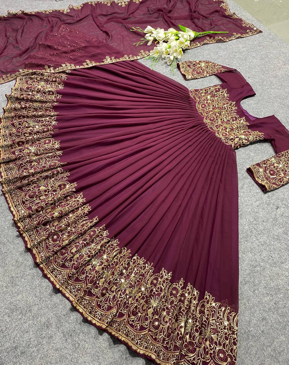 Wine Anarkali Suit In Fox Georgette With 3 MM Sequence Work