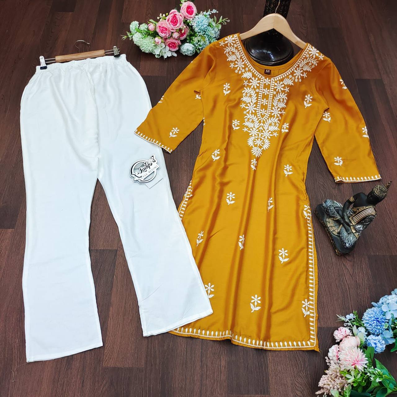 Mustard Yellow Palazzo Suit In Ryon Cotton With Embroidery Work