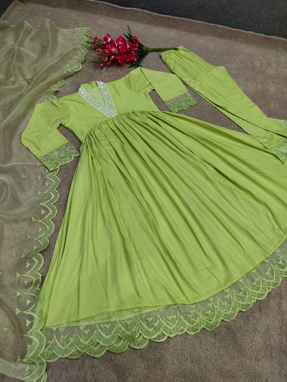 Green Anarkali Suit In Maska Cotton Silk With Embroidery Work