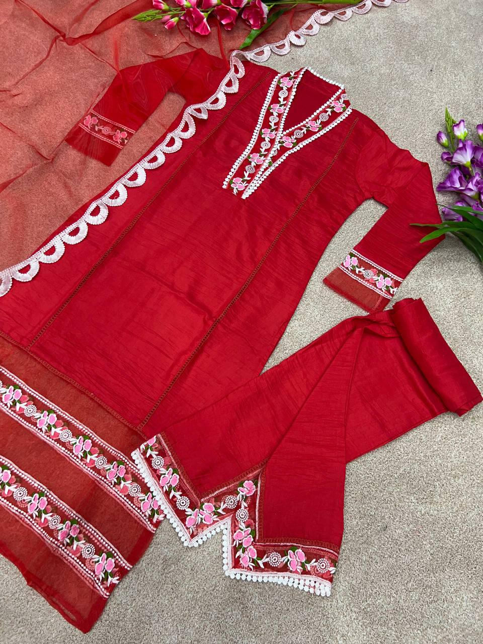 Red Salwar Suit In Soft Maska Cotton Silk With Embroidery Work