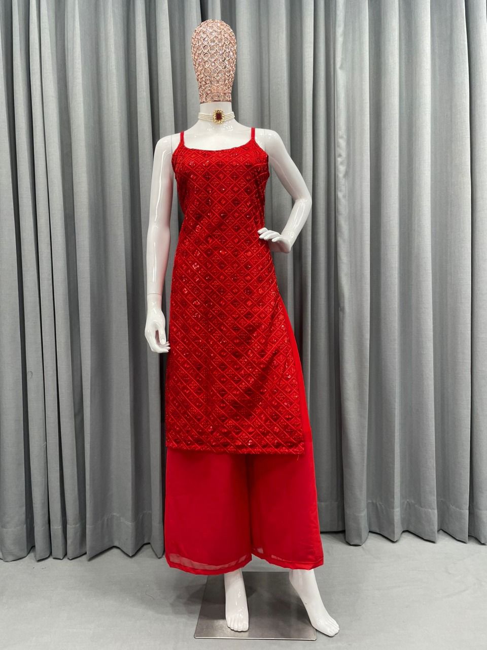 Red Palazzo Suit In Fox Georgette With Sequence Work