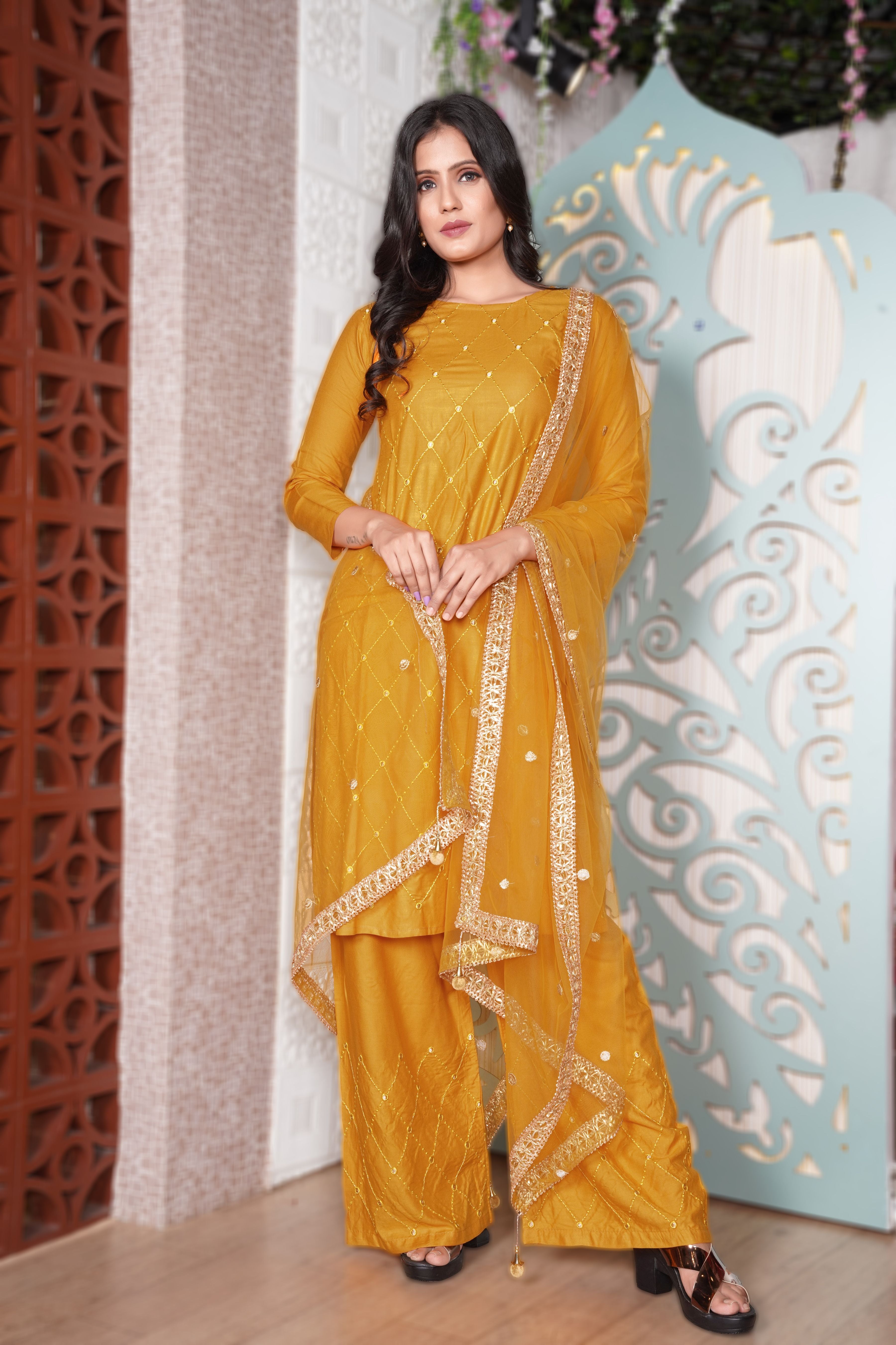 Mustard Yellow Salwar Suit In Rayon With Embroidery Work