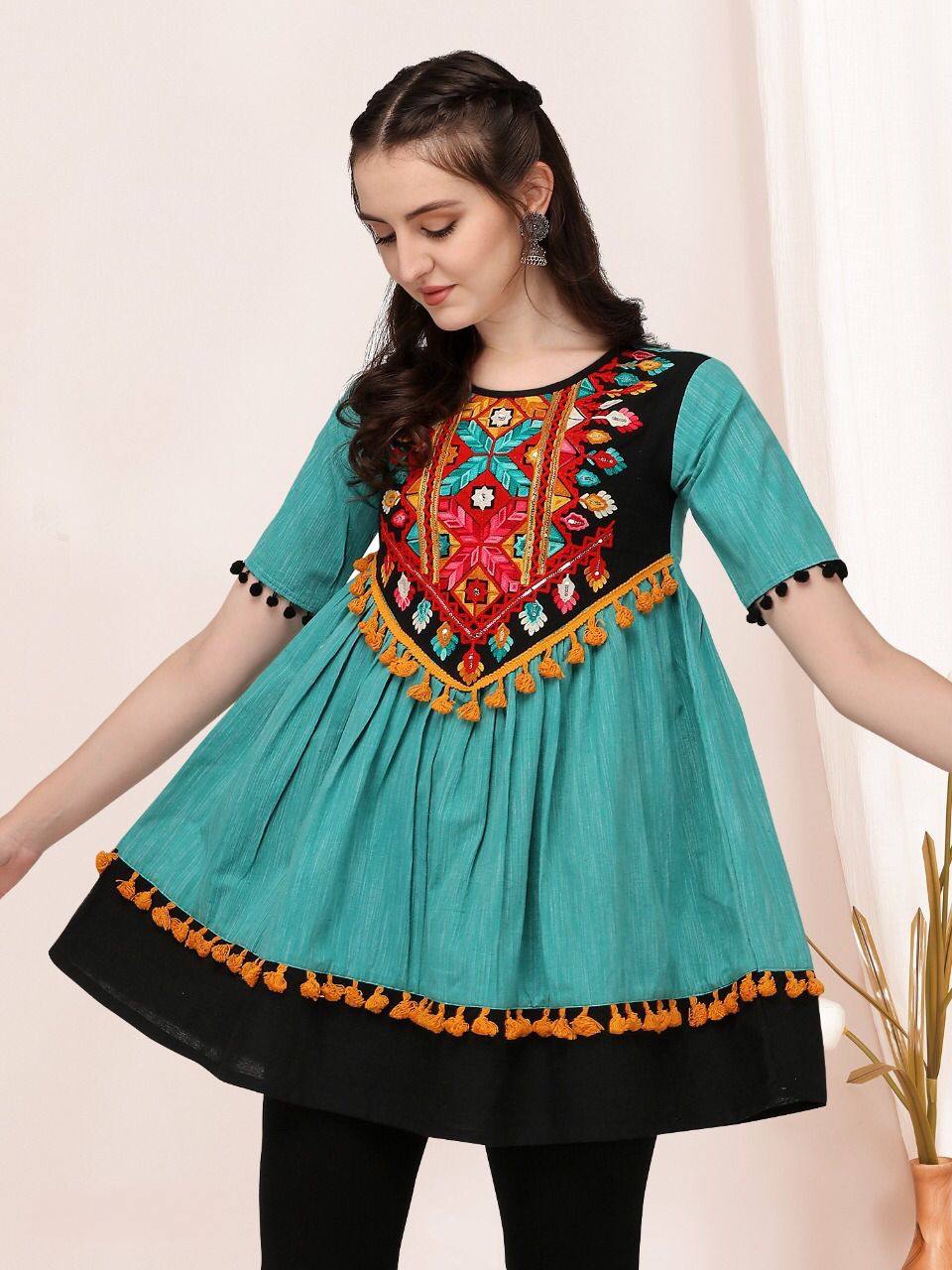 Firozi Kurti In Slub Cotton With Embroidery Work