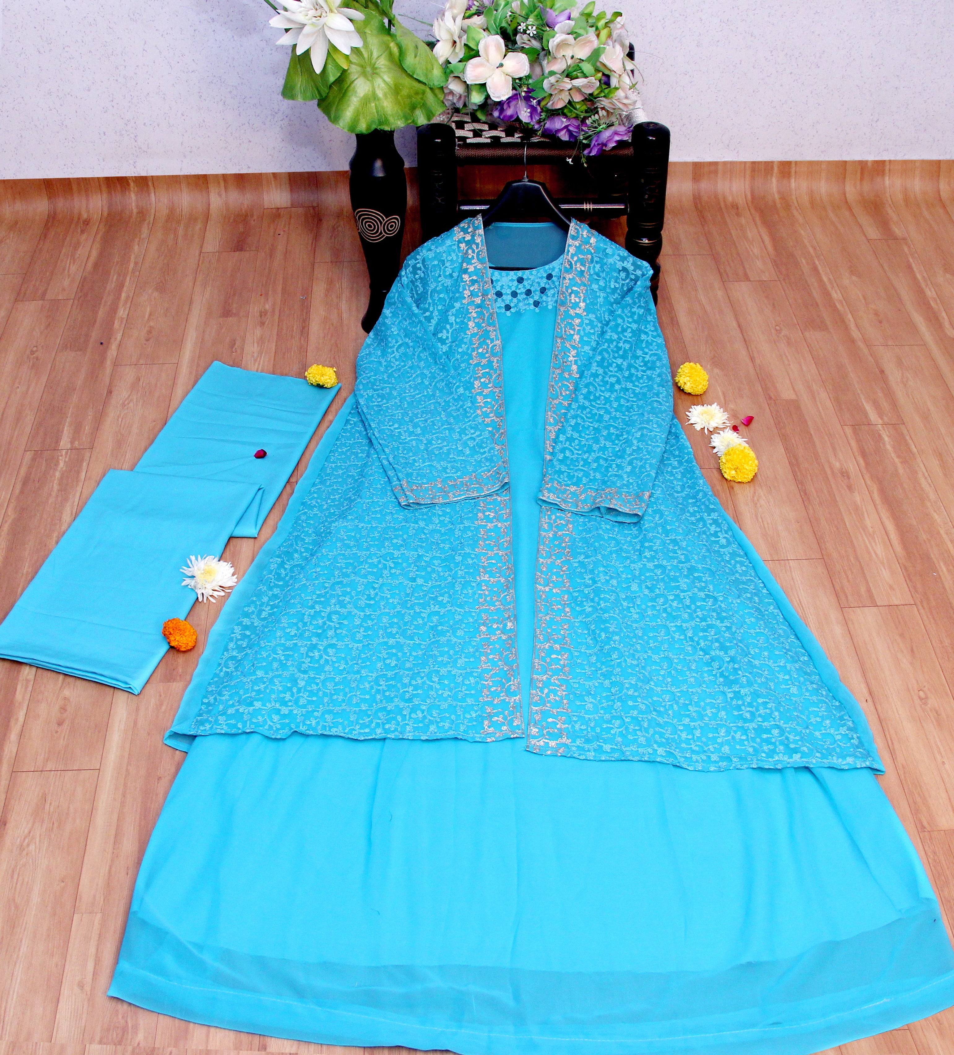 Sky Blue Salwar Suit In Georgette With Chain Stitch Work