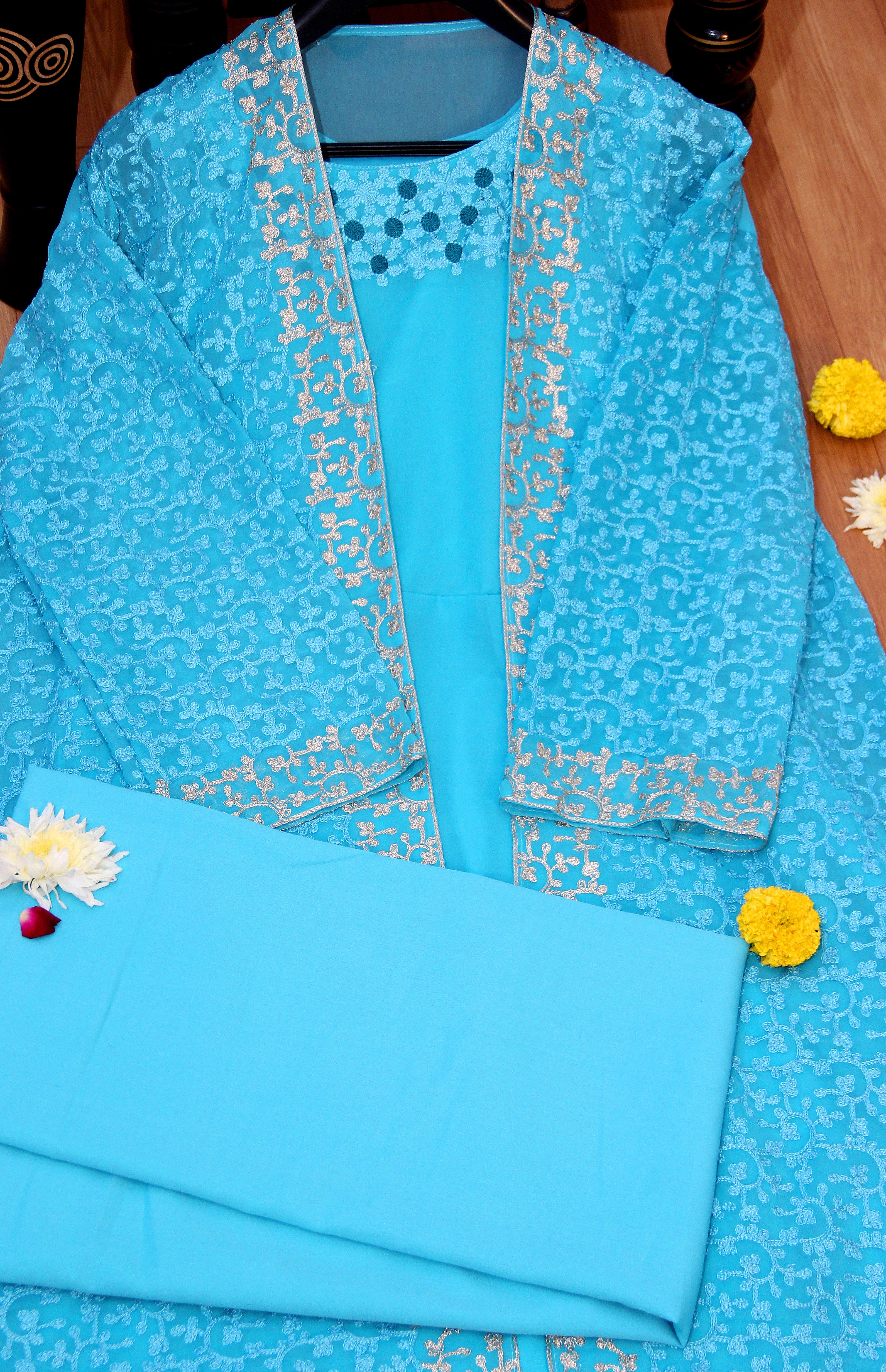 Sky Blue Salwar Suit In Georgette With Chain Stitch Work