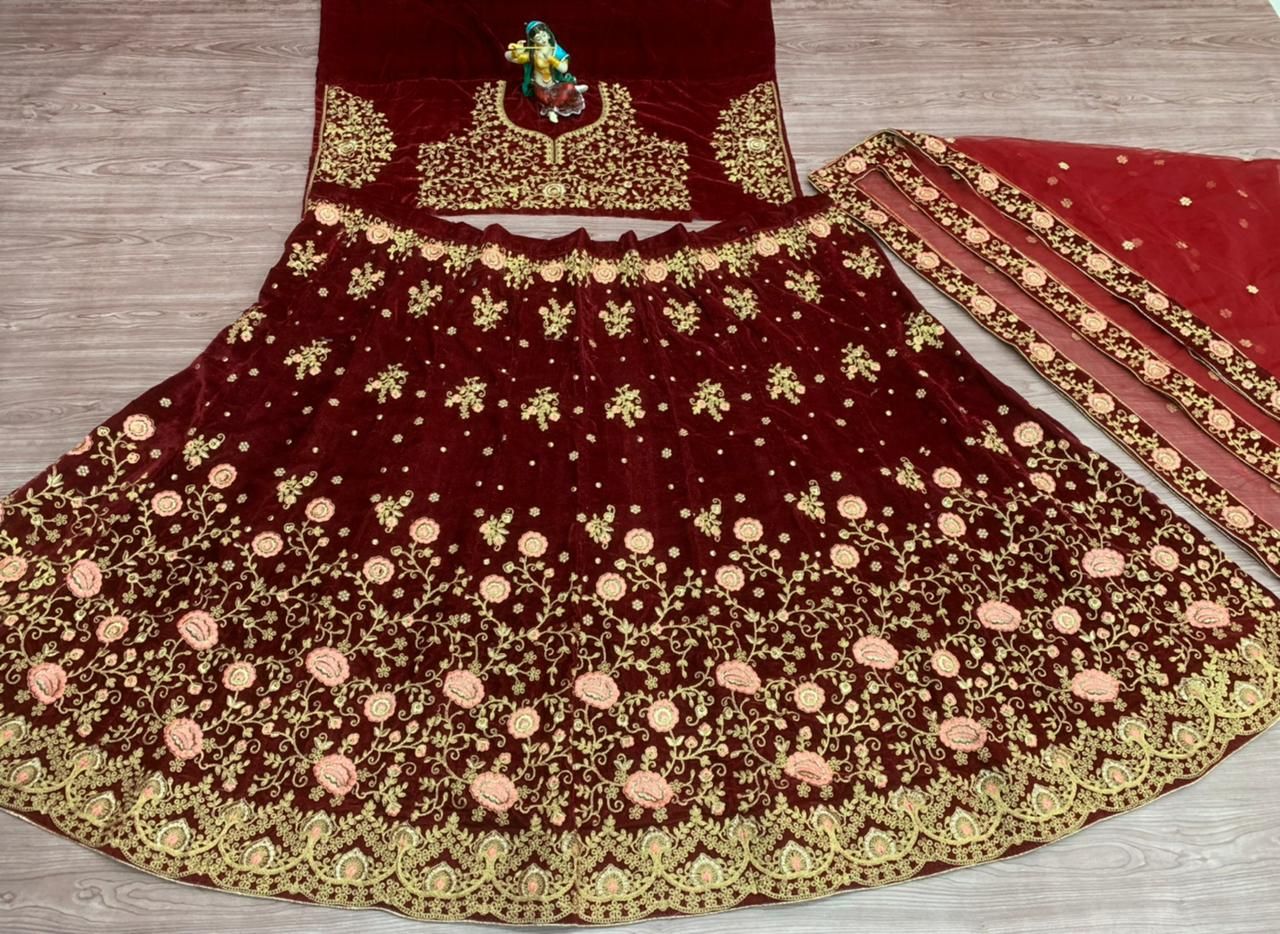 Red Lehenga Choli In Velvet With Embroidery Work