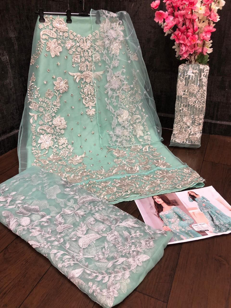 Aqua Green Sharara Suit In Nylon Mono Net With Embroidery Work