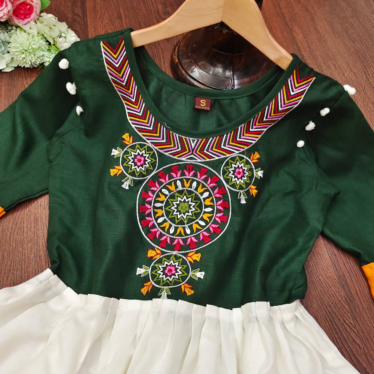 Green Kurti In Slub Cotton With Embroidery Work