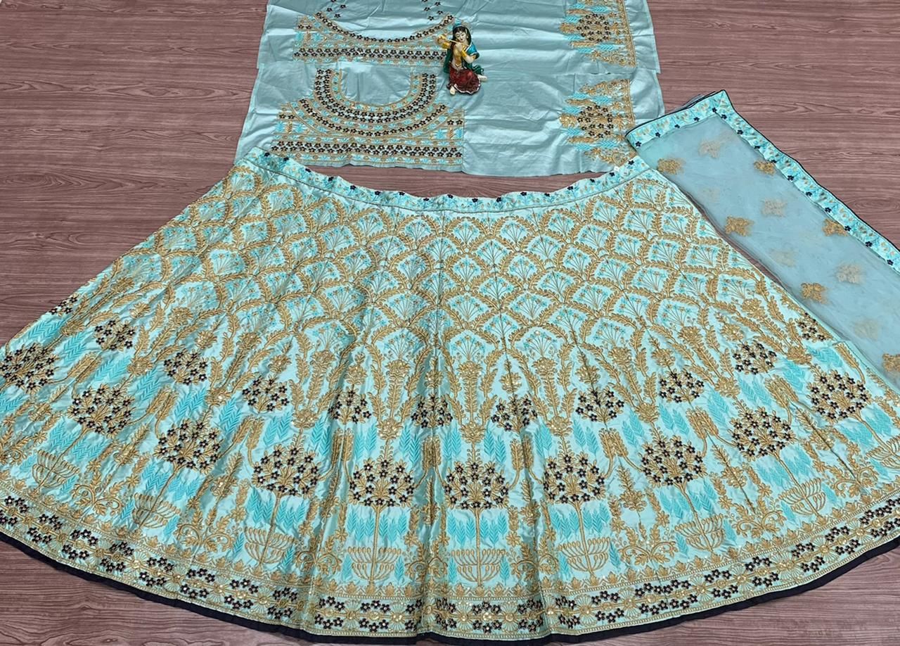 Aqua Lehenga Choli In Malai Satin Silk With Embroidery Work