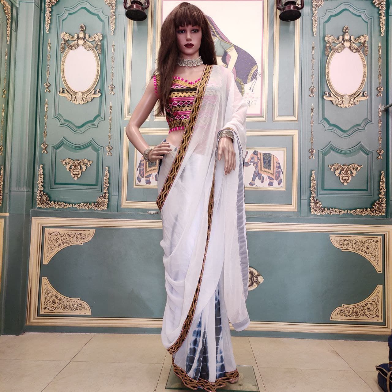 White Saree In Georgette Heavy With Digital Shibori Printed