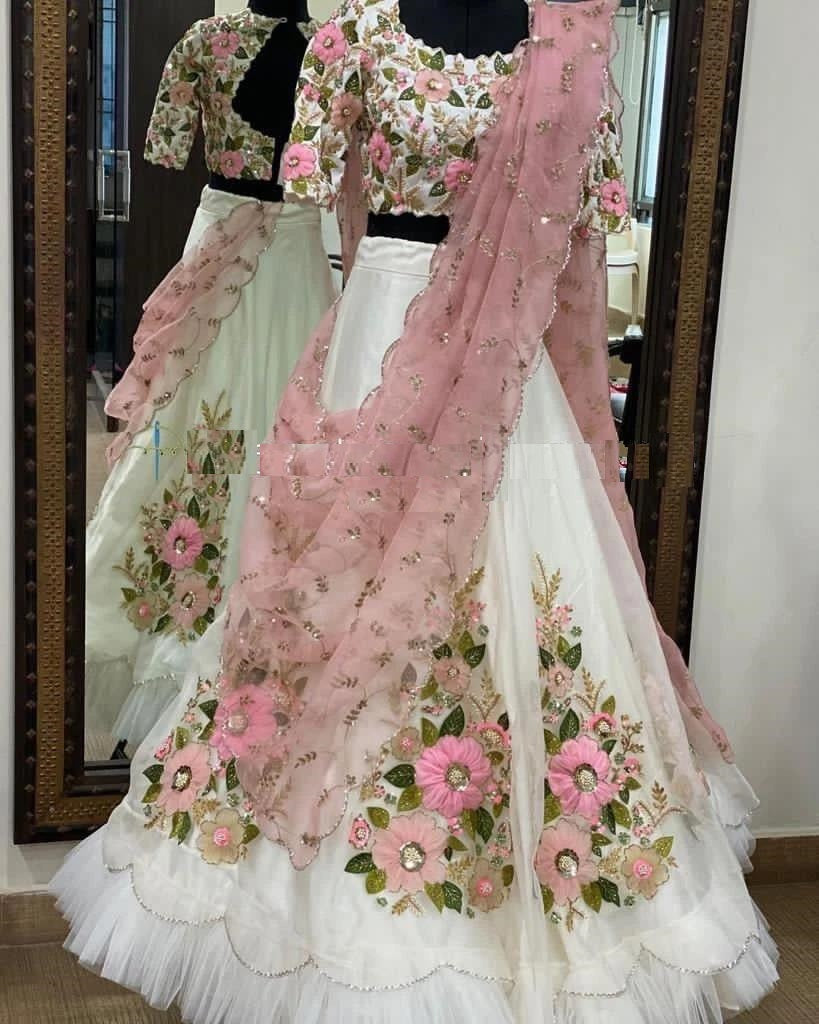 White Lehenga Choli In Malai Satin Silk With Embroidery Work