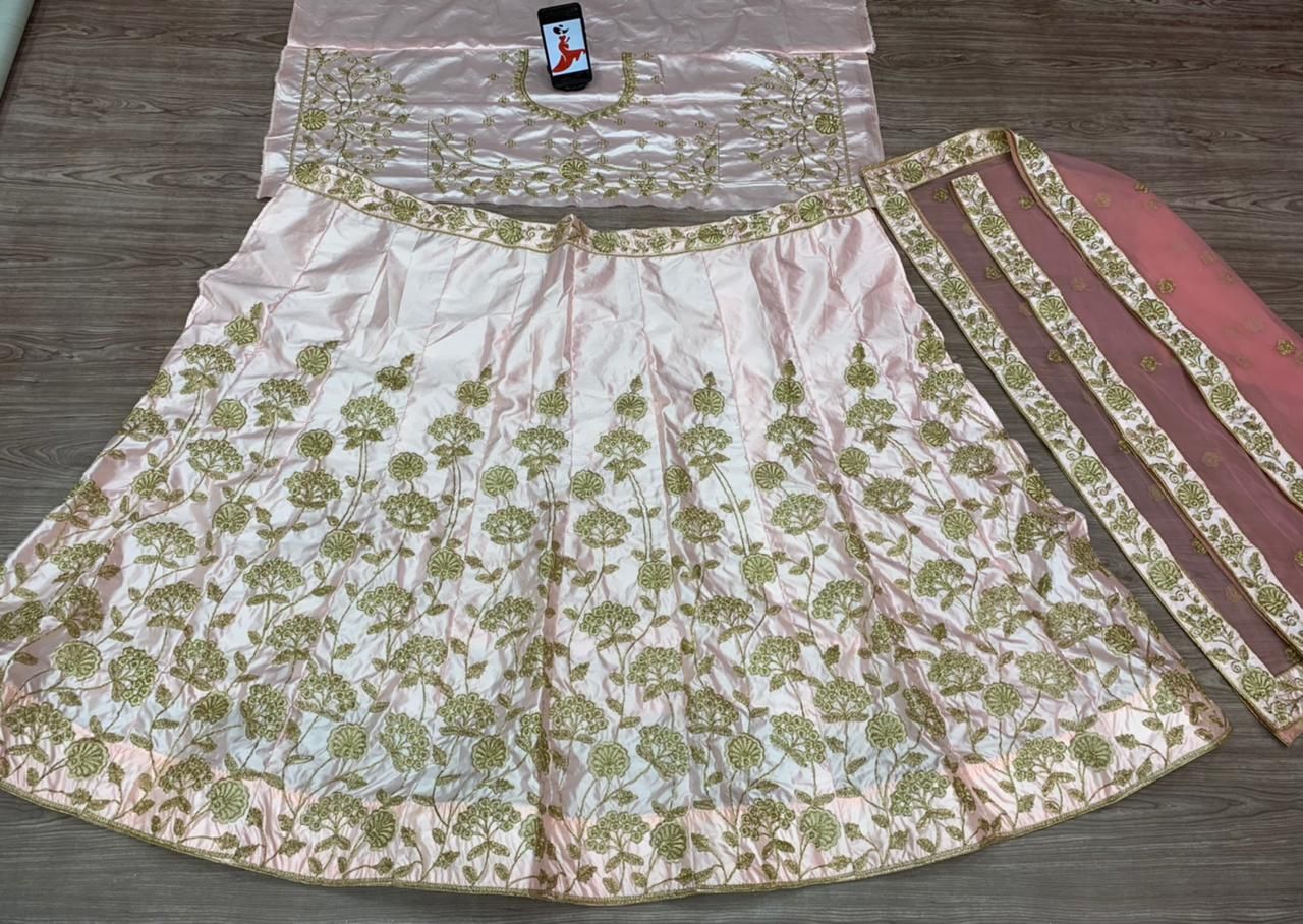 Pastel Pink Lehenga Choli In Malai Satin Silk With Embroidery Work