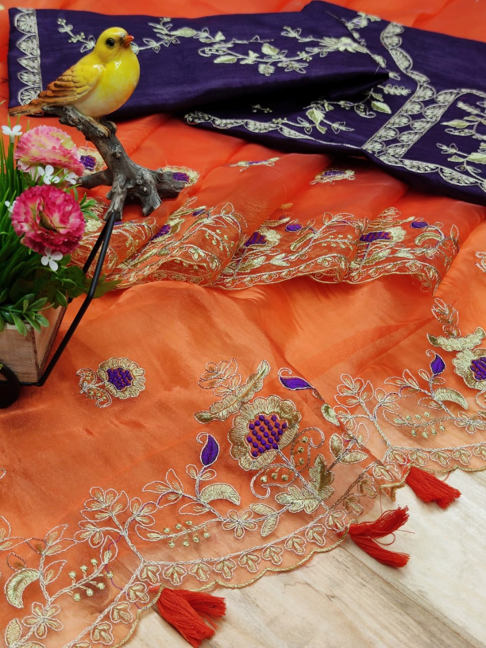 Orange Saree In Organza Silk With Thread Embroidery Work