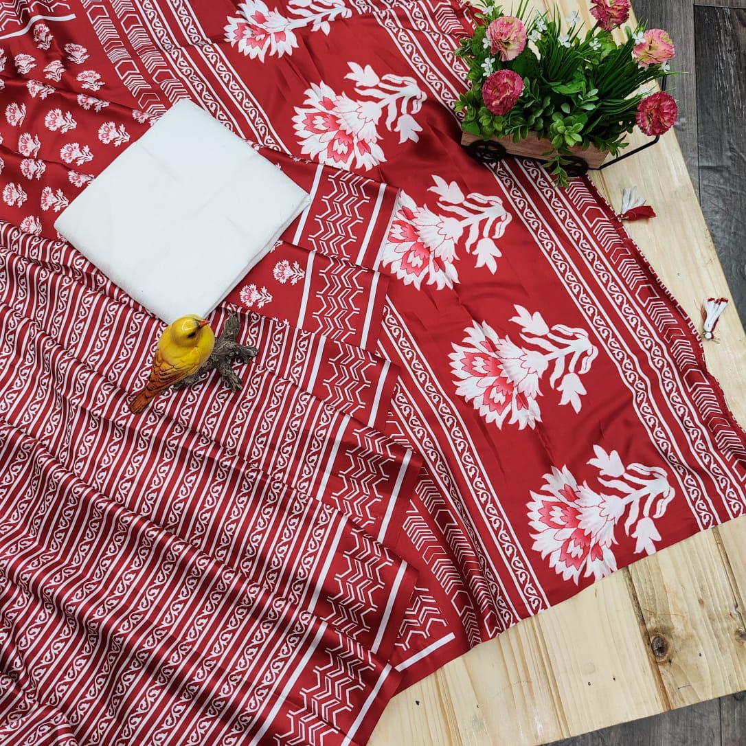 Red Saree In Japan Satin Silk With Digital Printed