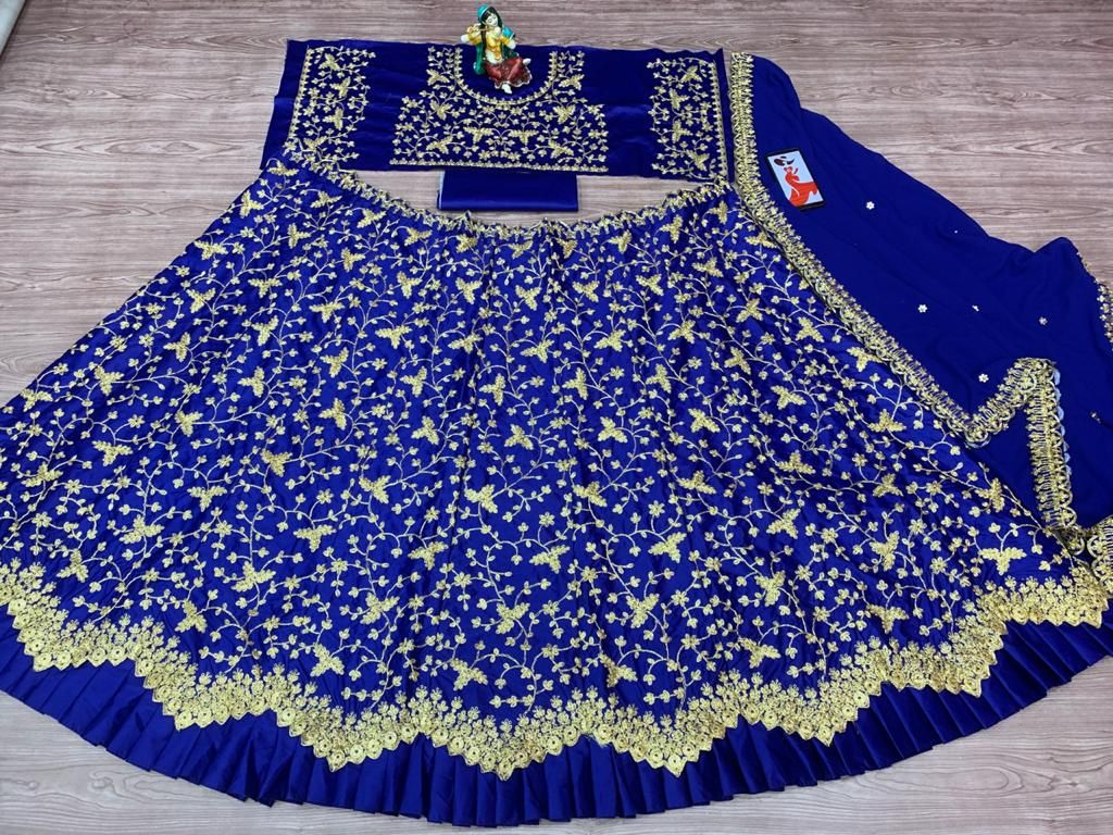 Blue Lehenga Choli In Velvet With Embroidery Work