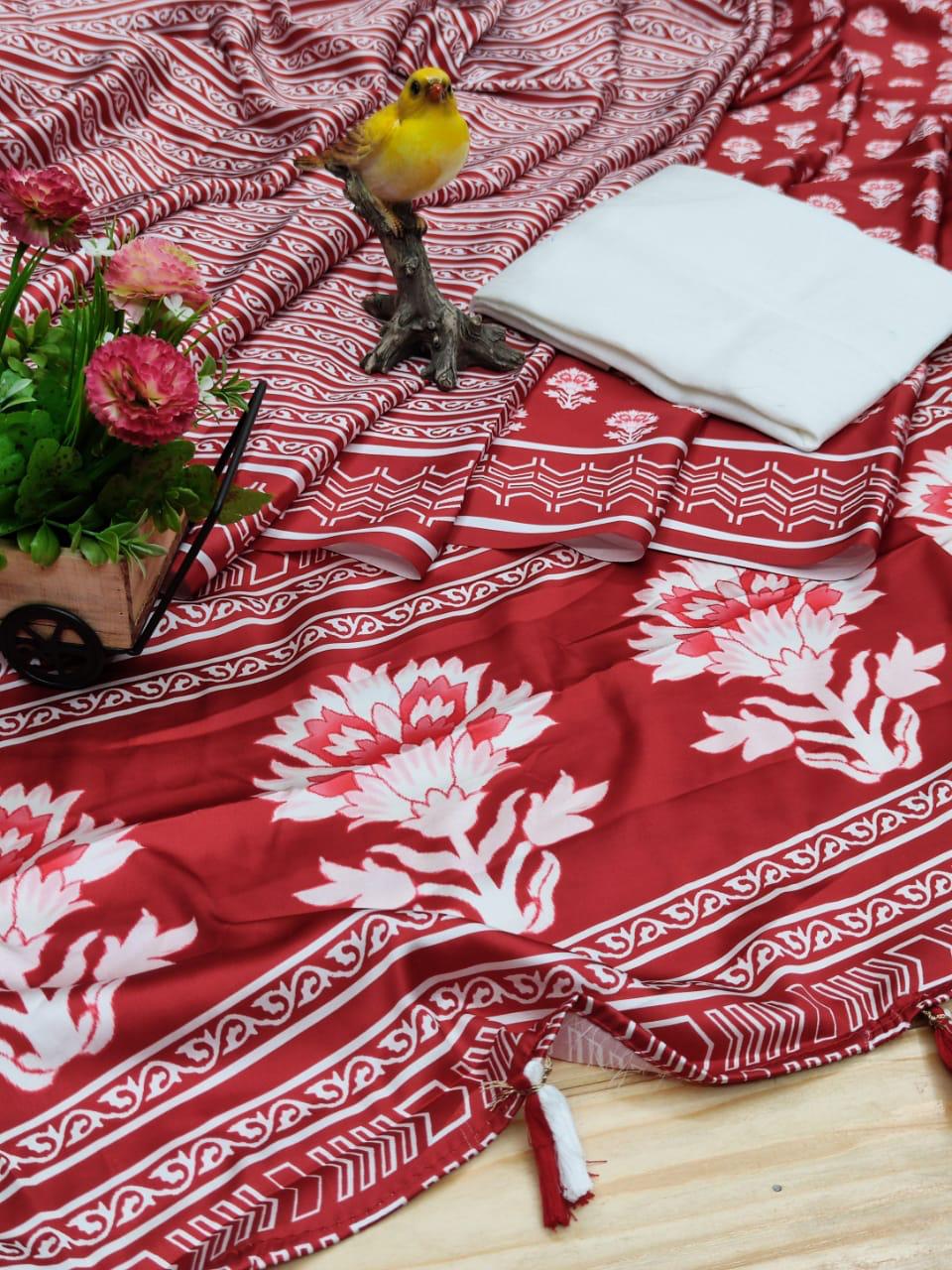 Red Saree In Japan Satin Silk With Digital Printed