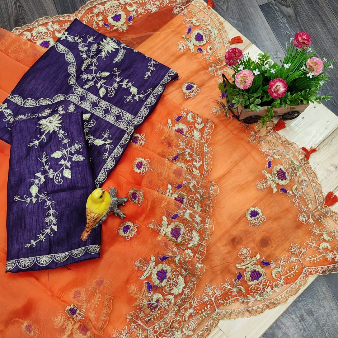 Orange Saree In Organza Silk With Thread Embroidery Work