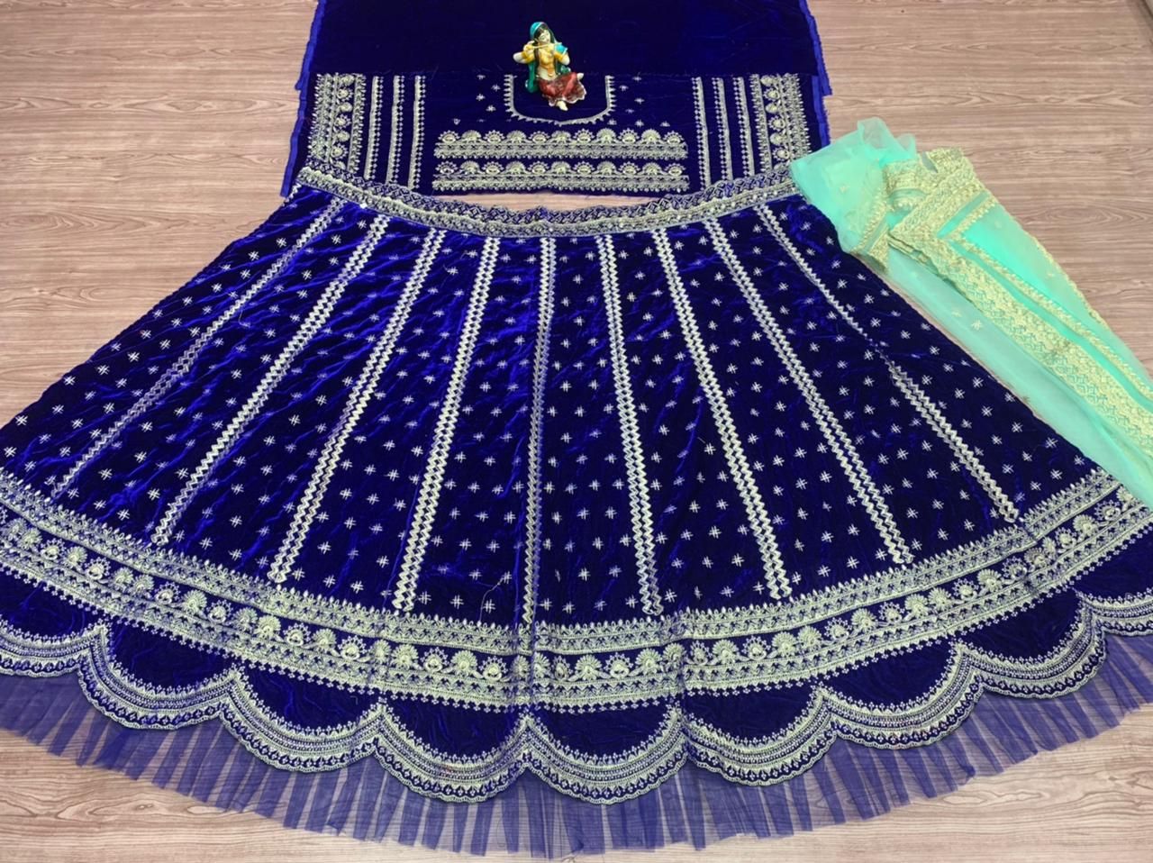 Blue Lehenga Choli In Velvet With Embroidery Work