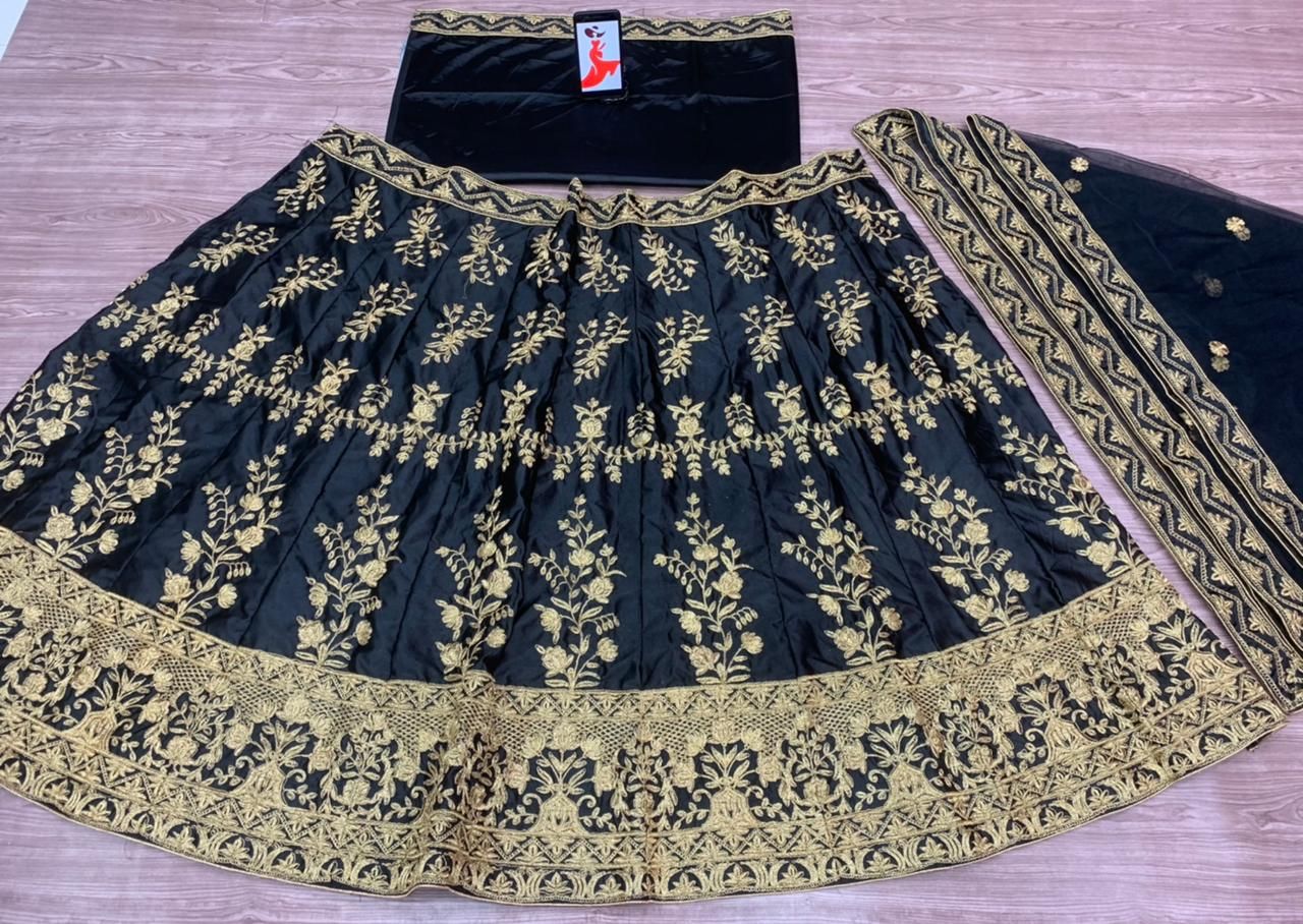 Black Lehenga Choli In Malai Satin Silk With Embroidery Work