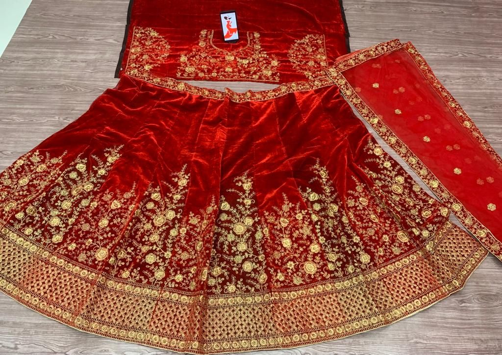 Red Lehenga Choli In Velvet With Embroidery Work