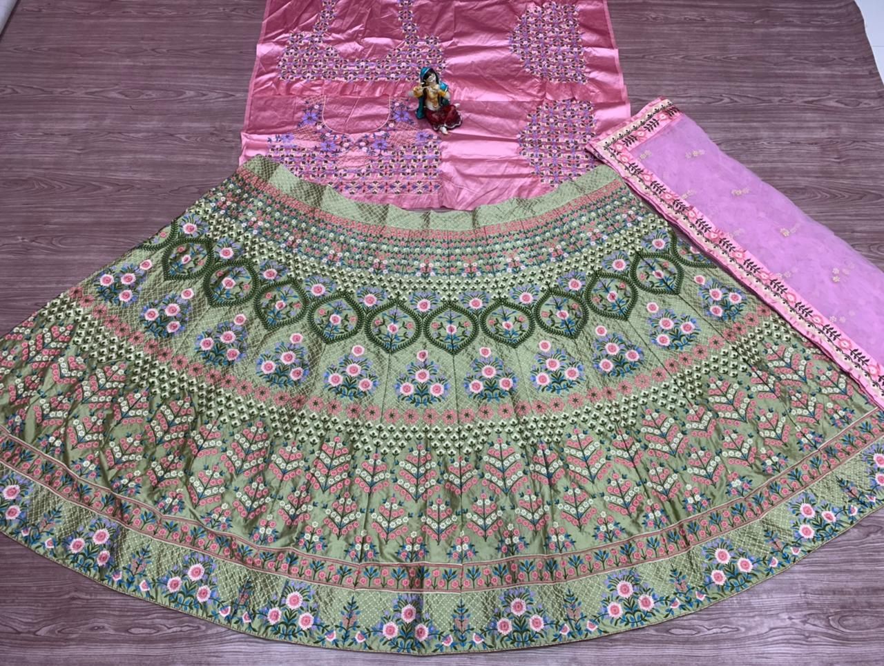 Mehendi Green Lehenga Choli In Malai Satin Silk With Embroidery Work