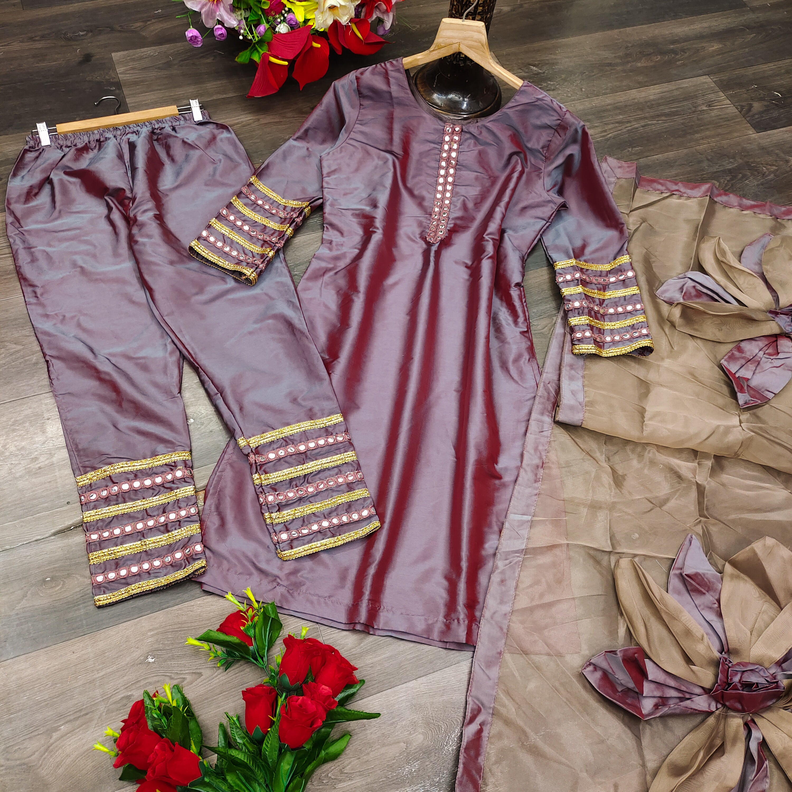Brown Salwar Suit In Taffeta Silk With Zari Embroidery Work