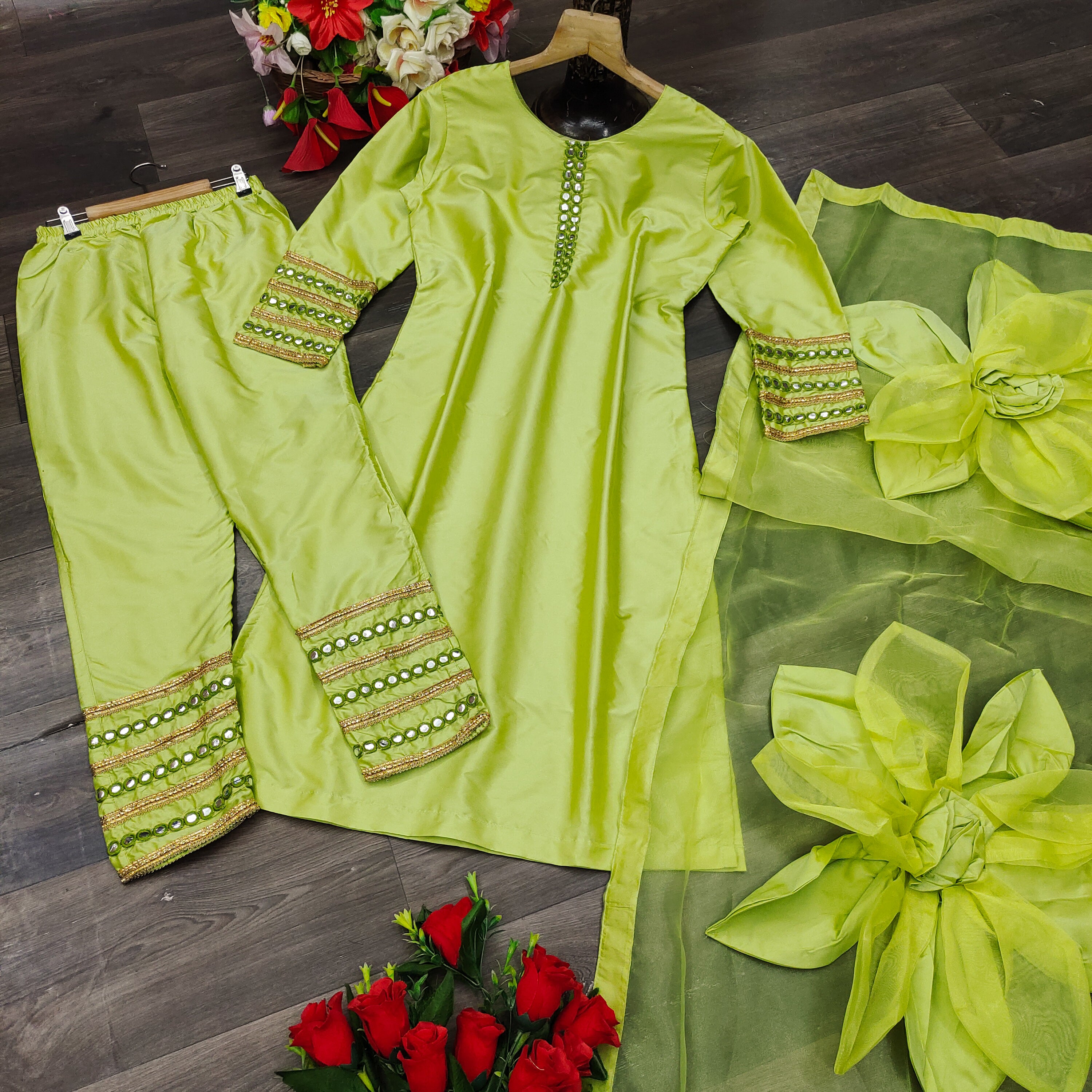 Pista Green Salwar Suit In Taffeta Silk With Zari Embroidery Work