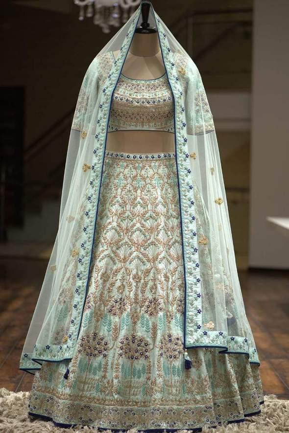 Aqua Lehenga Choli In Malai Satin Silk With Embroidery Work