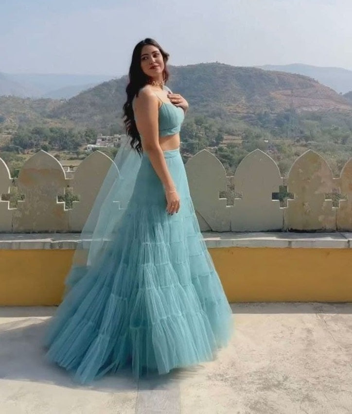 Aqua Lehenga Choli In Butterfly Mono Net With Plain