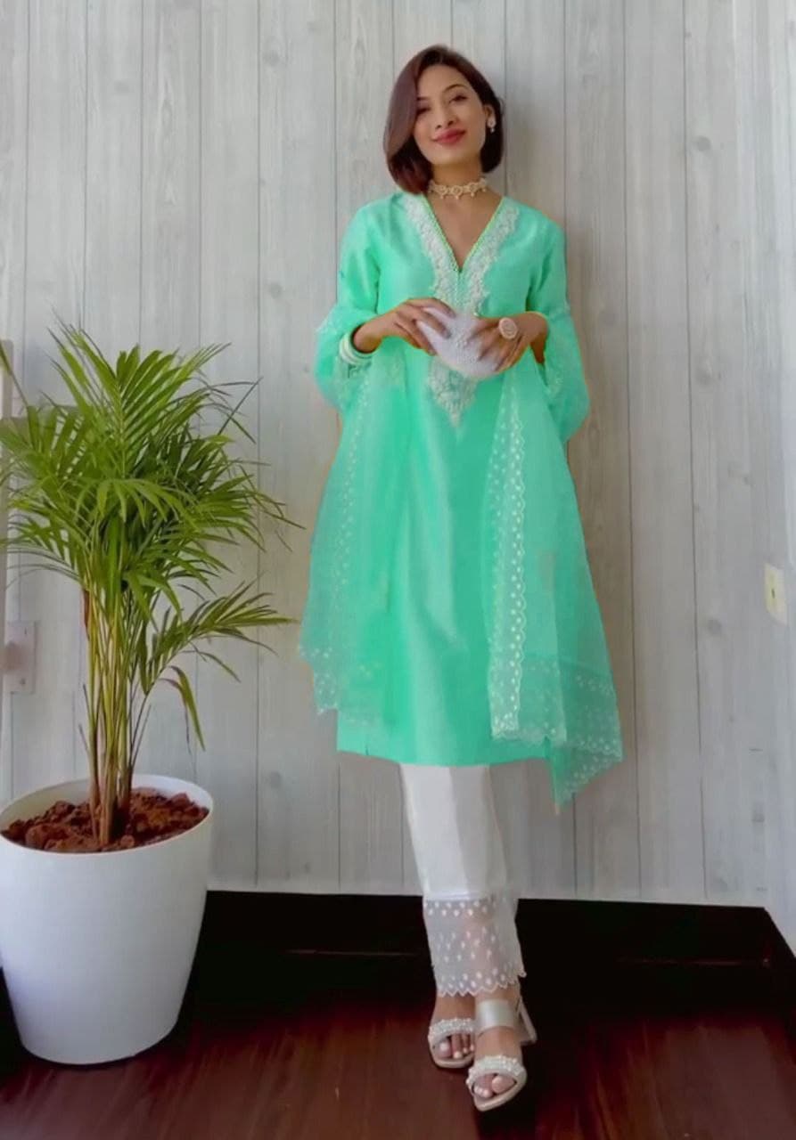 Aqua Salwar Suit In Chanderi With Embroidery Work