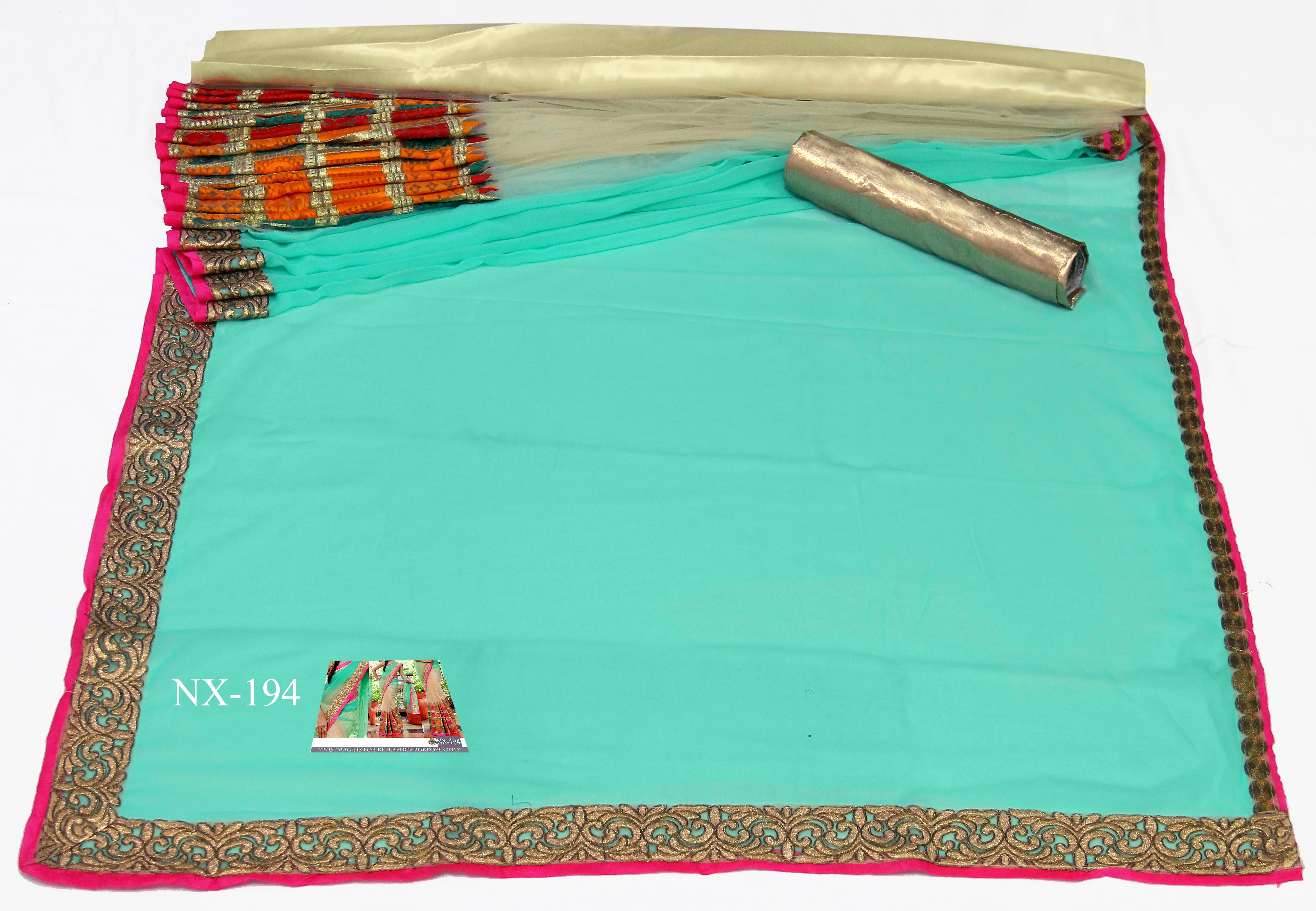 Aqua Cream Saree In Georgette Bember With Fancy Thread Work