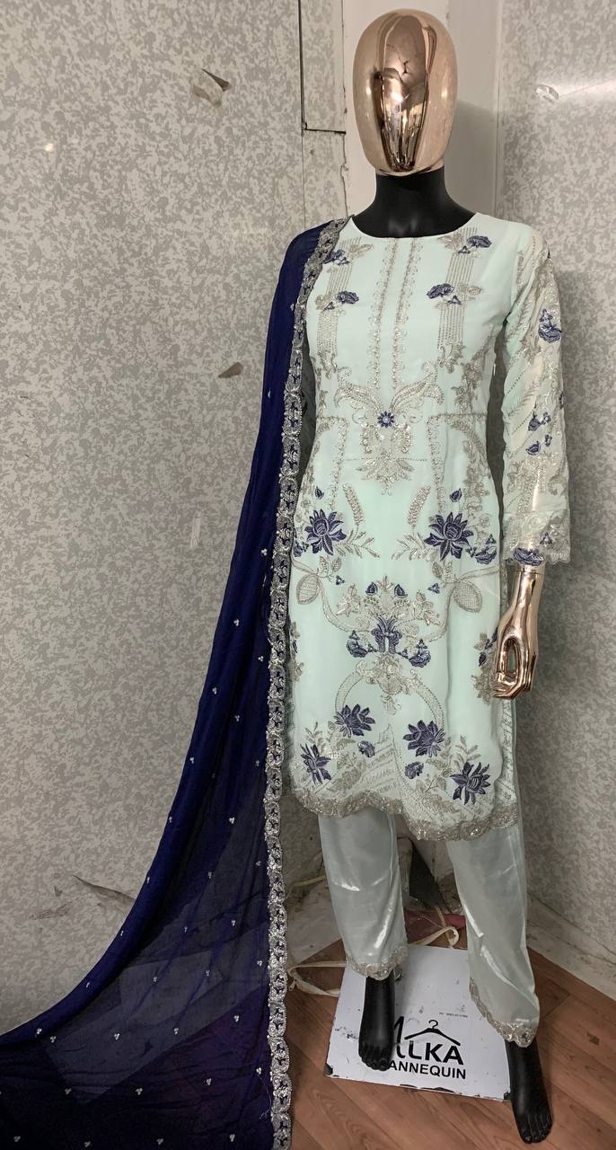 Aqua Salwar Suit In Faux Georgette With Embroidery Work