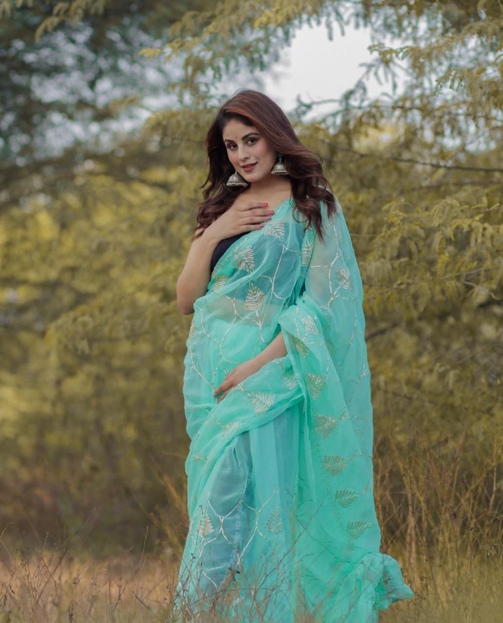 Aqua Faux Georgette Embroidery Work Saree With Stitched Blouse