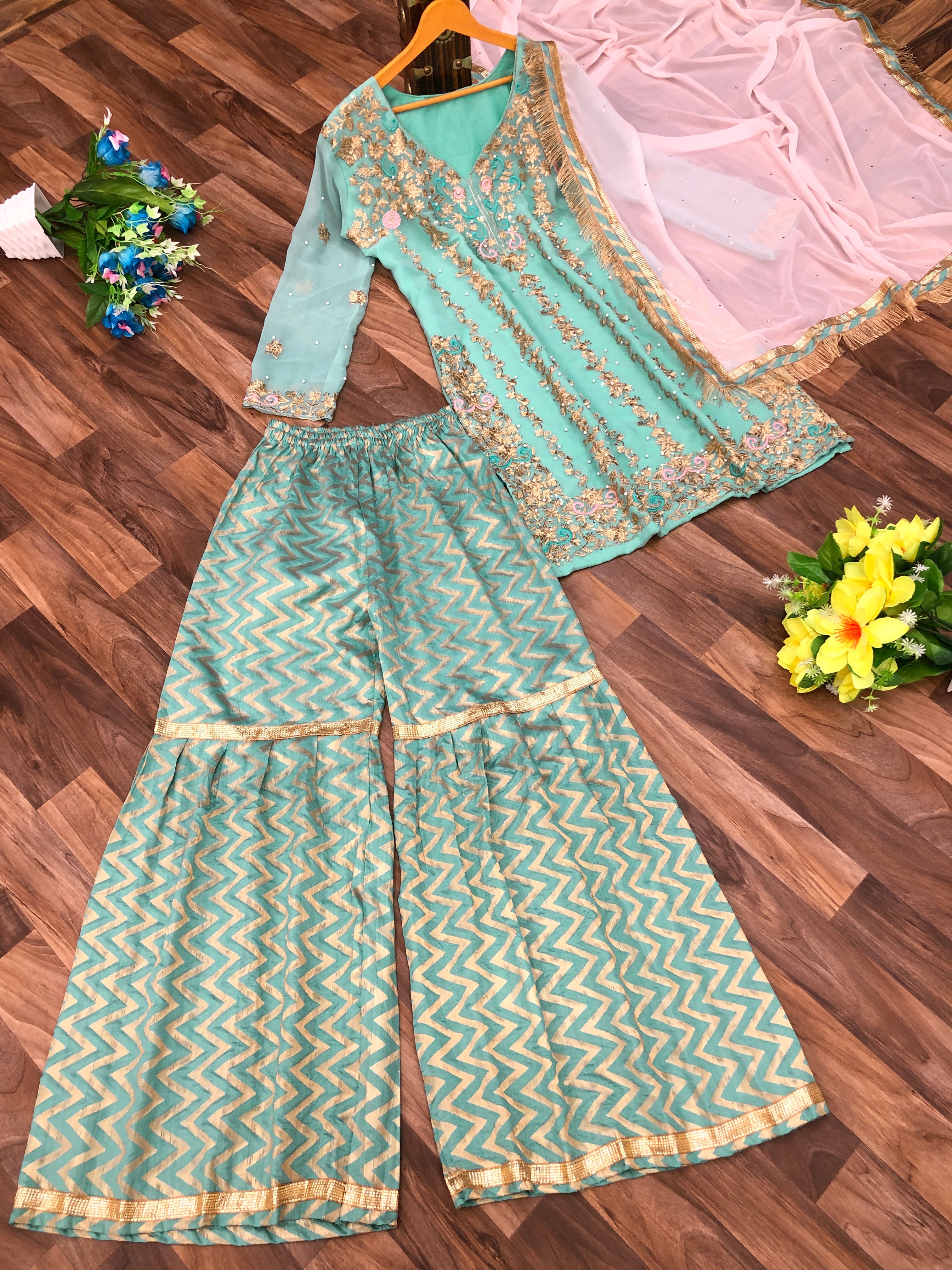 Aqua Green Salwar Suit In 60 GM Georgette With Pearl Moti Work