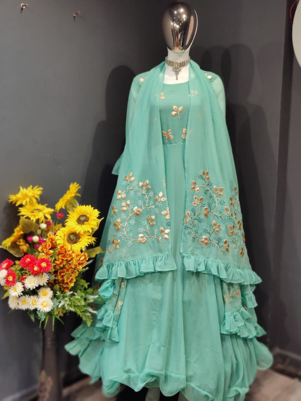 Aqua Green Fox Georgette Embroidery Work Gown