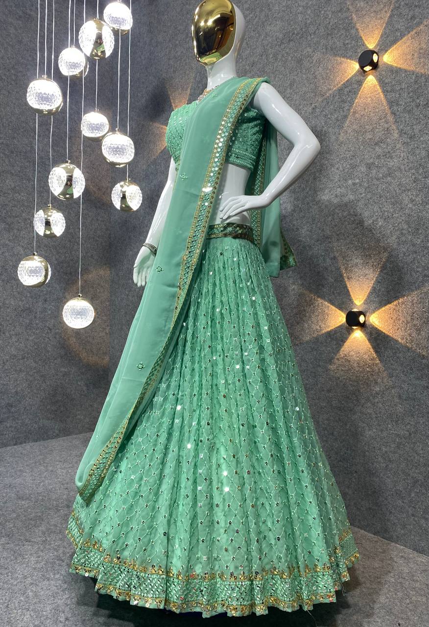 Aqua Green Lehenga Choli In Georgette Silk With 9 MM Sequence Work