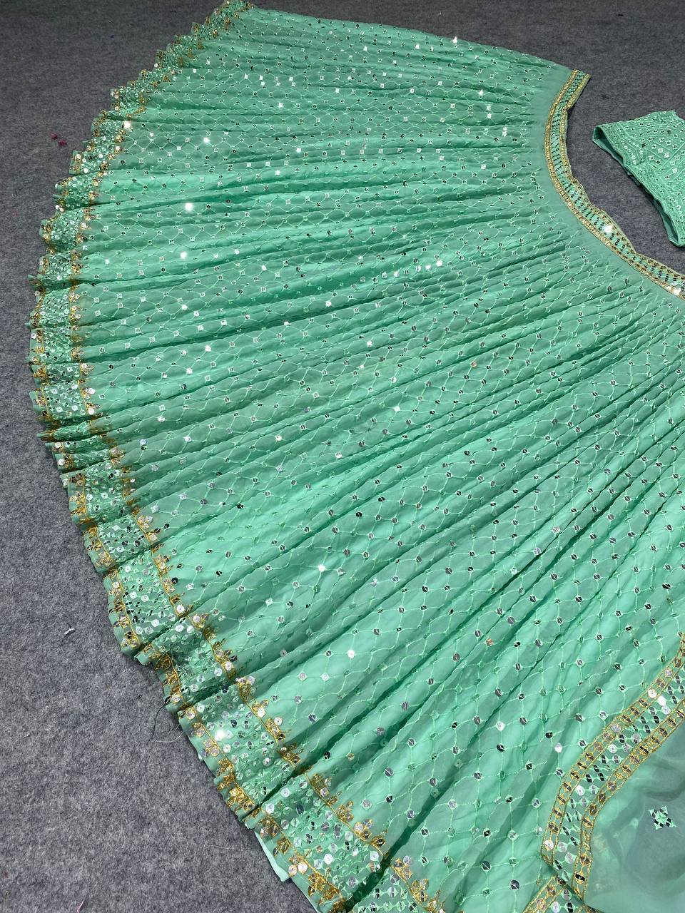 Aqua Green Lehenga Choli In Georgette Silk With 9 MM Sequence Work