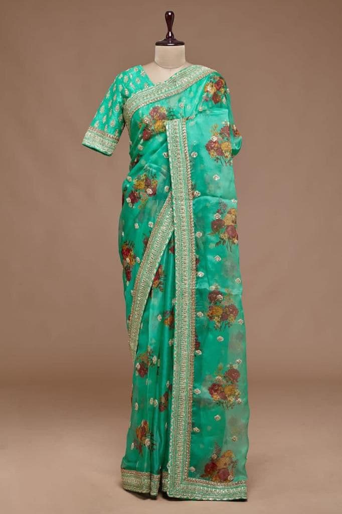 Aqua Green Saree In Organza Silk With Digital Print