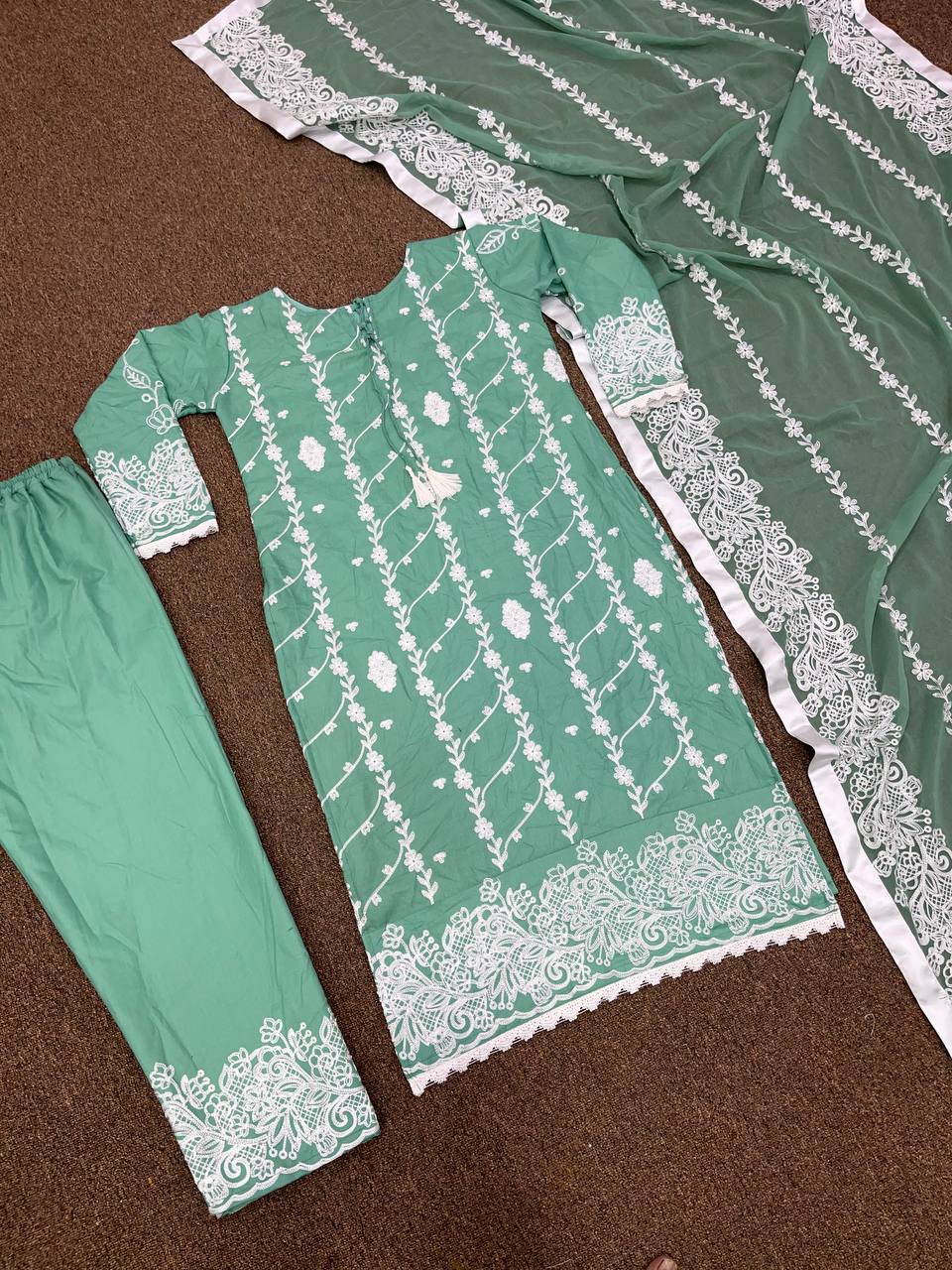 Aqua Green Salwar Suit In PC Cotton With Embroidery Work