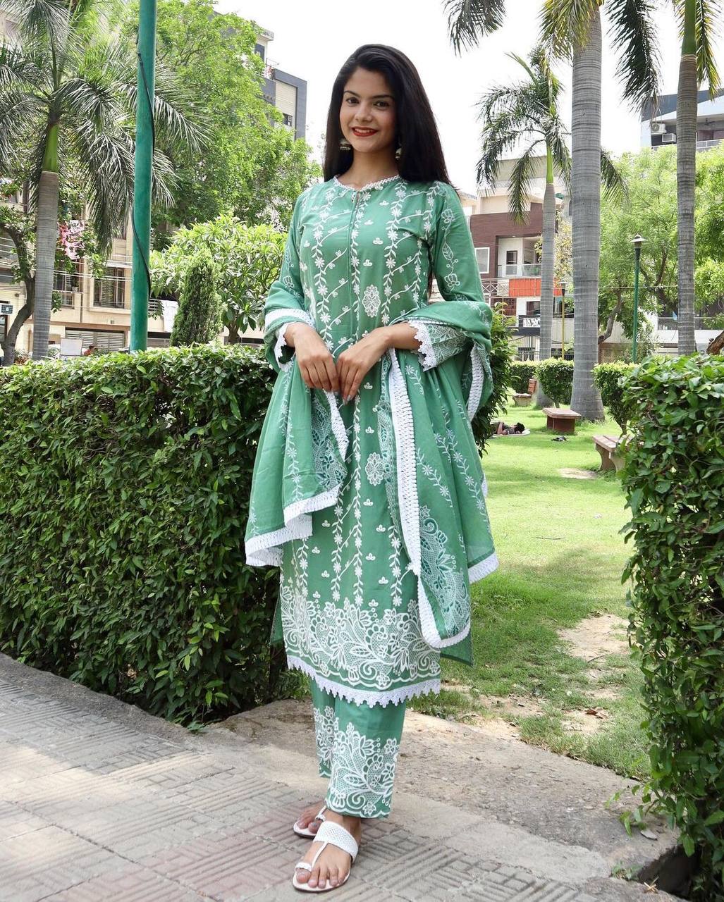 Aqua Green Salwar Suit In PC Cotton With Embroidery Work