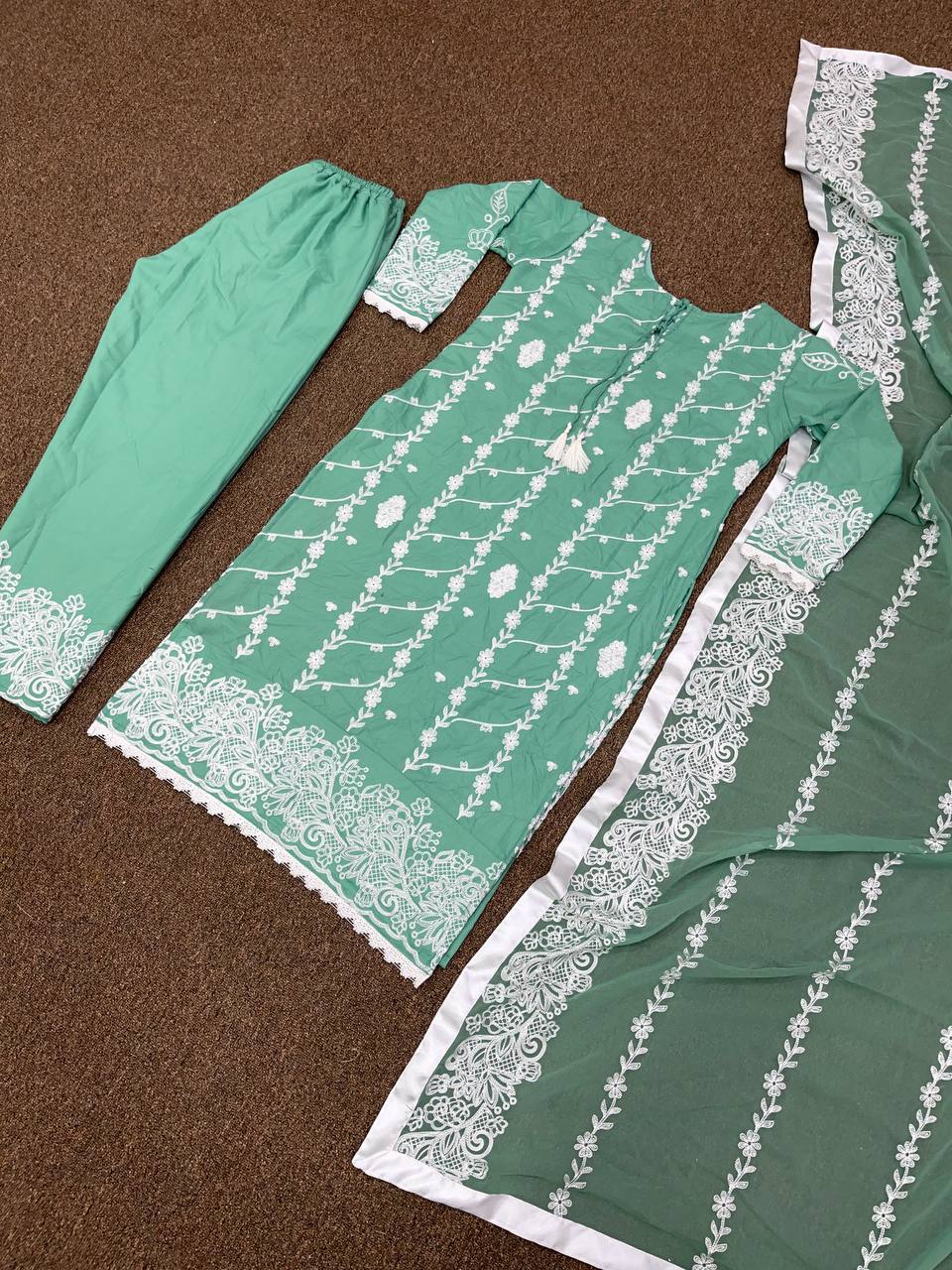 Aqua Green Salwar Suit In PC Cotton With Embroidery Work