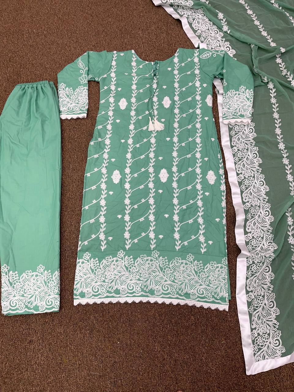 Aqua Green Salwar Suit In PC Cotton With Embroidery Work