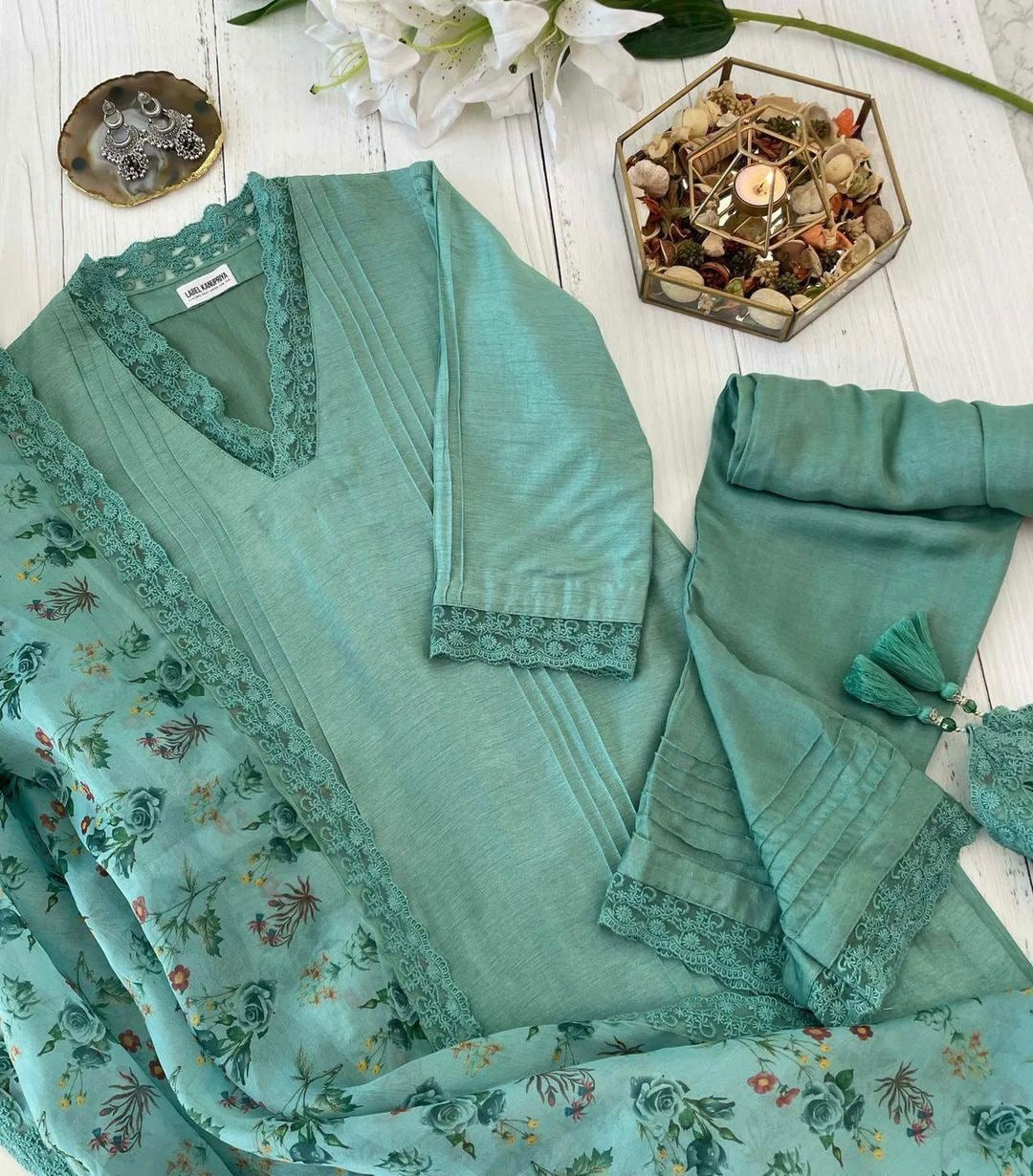 Aqua Green Salwar Suit In Slub Cotton With Lace Work